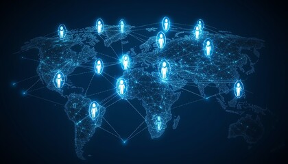 Fototapete - Digital user icons connected by lines on a dotted world map globe, representing personal data and global people connection, 3D rendering on dark blue abstract background