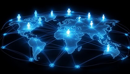 Fototapete - Digital user icons connected by lines on a dotted world map globe, representing personal data and global people connection, 3D rendering on dark blue abstract background