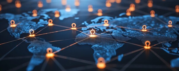 Fototapete - Global personal data connection with user icons linked by lines on a dotted world map globe, 3D rendering on dark blue abstract background, digital connectivity theme