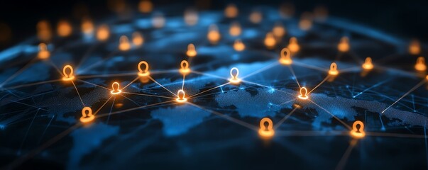 Fototapete - Global personal data connection with user icons linked by lines on a dotted world map globe, 3D rendering on dark blue abstract background, digital connectivity theme