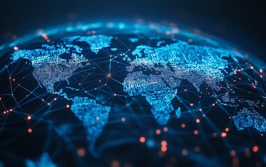 Fototapete - Personal data and people connection concept with digital user icons connected by lines on a dotted world map globe, 3D rendering on dark blue abstract background