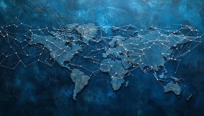Fototapete - Personal data exchange concept with digital graphic user icons connected by lines on a dotted world map globe, 3D rendering on dark blue abstract background