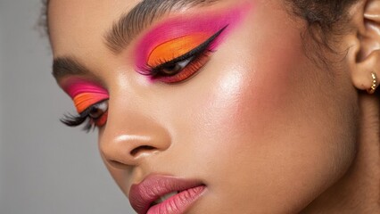 Wall Mural - A closeup shot with multicolored eyeshadow in shades of neon pink and orange applied in a creative gradient. The bold colors pop against the natural even complexion which has no