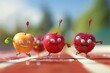 © tayyaba - Cartoon cherry running track, racing against other fruits with a competitive look.