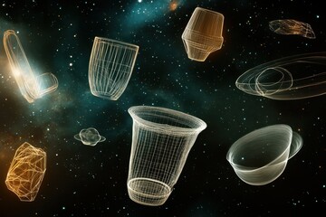Poster - Exploration of wireframe objects floating in a cosmic space environment