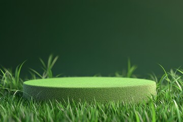 Grassy green platform, product display, nature backdrop