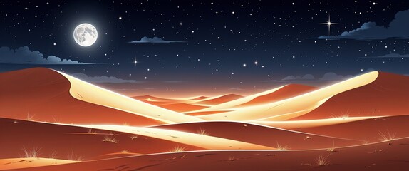 Wall Mural - Desert dunes glowing under pale silver moonlight dark sky with distant stars soft orange sand illustration background design