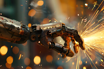 Poster - Robotic hand engaged in welding work with sparks