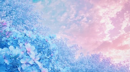 Wall Mural - Tranquil Sunrise Over Blue Blossoms with Forest Edge Cinematic Landscape