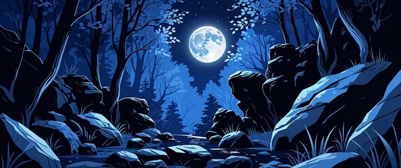 Wall Mural - Moonlight illuminating dark craggy rocks in the forest deep blue shadows tall trees with silver leaves casting soft shadows illustration background design.