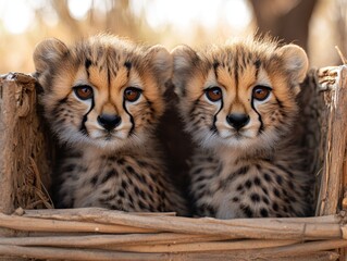 Wall Mural - two adorable cheetah cubs with brown eyes looking straight at the camera in a box