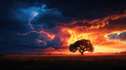 Wall Mural - Dramatic Lightning Strikes Over a Lone Tree at Sunset in Nature