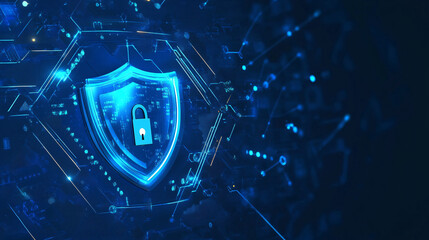 Poster - A high-tech blue shield with a central padlock, enhanced with blue light and connected by lines and dots that resemble a semiconductor circuit, symbolizing secure technology
