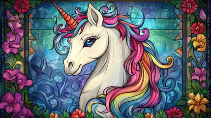  A sweet unicorn in a stained glass style, surrounded by colorful flowers and jewel-inspired borders, radiating whimsical charm