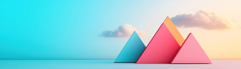 Poster - Colorful triangular forms create minimalist landscape with soft clouds