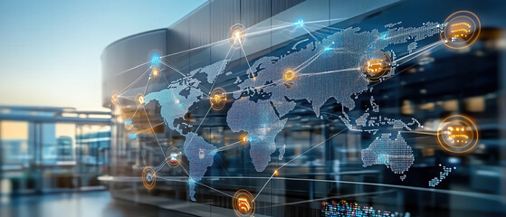 Poster - Connected world map with business networks and digital communication