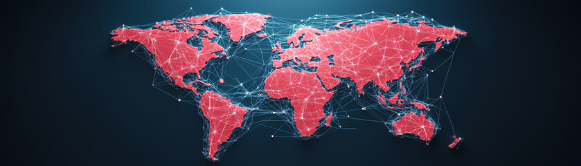 Poster - Abstract world map with connected business networks in red tones