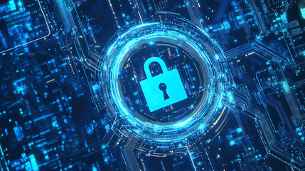 Poster - A blue security shield featuring a glowing padlock, with connecting dots and lines that mimic the structure of a semiconductor circuit, illustrating advanced protection