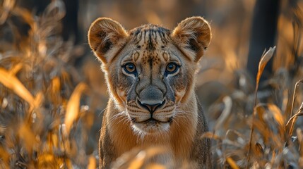 Wall Mural - close-up portrait of a young lion with expressive eyes surrounded by tall grass and natural light