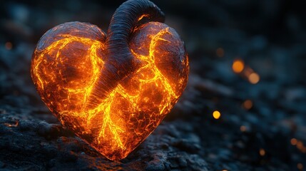 Canvas Print - Fiery heart, volcanic rock, embers, dark background, fantasy art