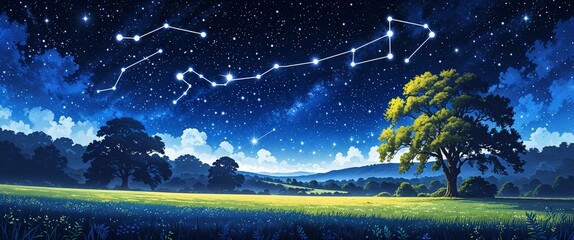 Wall Mural - Starry night sky with bright constellations over peaceful countryside meadow deep blue sky fading to midnight black illustration background design