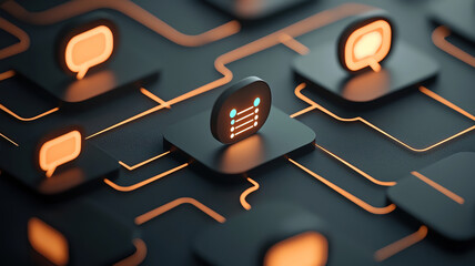 Poster - interconnected digital icons with glowing lines, representing communication