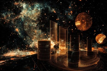 Poster - Abstract cosmic landscape featuring glowing structures and celestial bodies in dark space