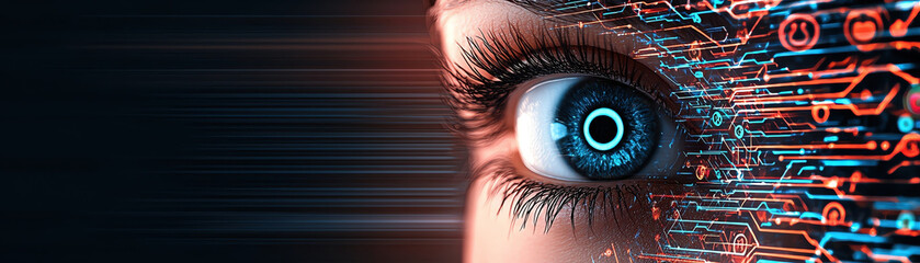 Poster - Digital eye with glowing circuits and technology elements, symbolizing vision and innovation