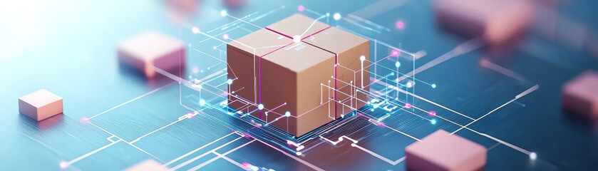 Poster - Futuristic cube design with abstract technology elements and digital connections