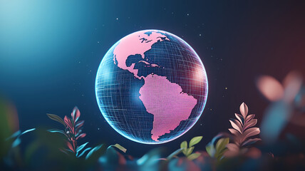 Poster - glowing holographic Earth with grid design, surrounded by abstract plants, creates futuristic atmosphere