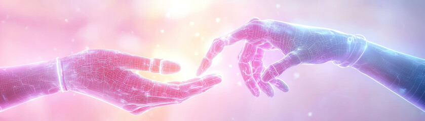 Poster - Digital hands reaching out, glowing with neon colors, symbolizing connection and technology