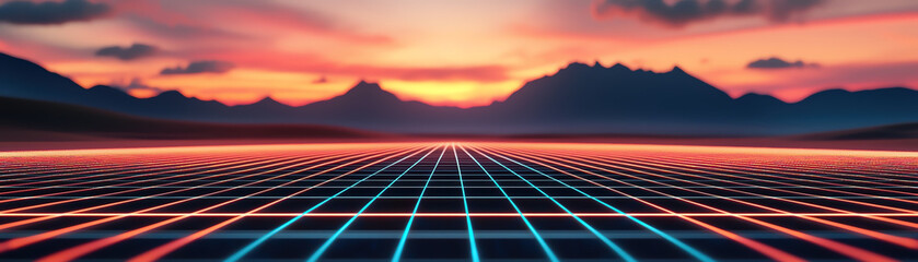Poster - glowing grid landscape at sunset with mountains in background