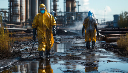 worker at clean-up of a pollution