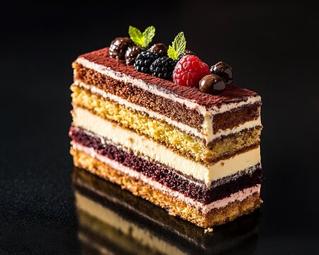 A sophisticated opera cake with layered flavors isolated on a sleek black background