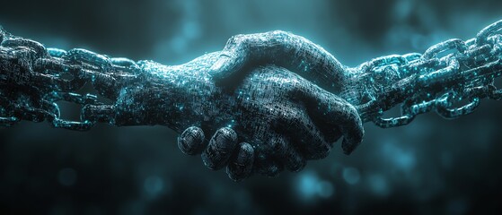 3D rendering of a blockchain network with chains forming a handshake, symbolizing digital partnership and metaverse connections, dark background visualization