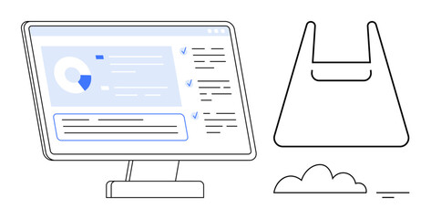 Computer monitor displays analytics with charts, lists, and checks, alongside minimalistic shopping bag and cloud line art. Ideal for data analysis, sustainability, eco-friendly concepts, cloud