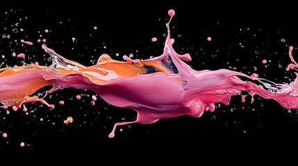 Poster - A creative image of paint splashing in the air, blending soft pink, orange, and purple hues, isolated against a rich black background.