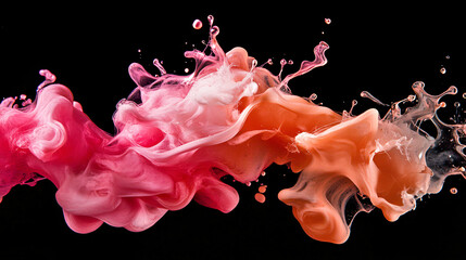 Poster - A mesmerizing paint splash captured mid-air, with soft pink, orange, and purple colors floating against a solid black backdrop for bold contrast