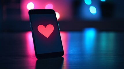 Poster - Glowing heart on smartphone screen with defocused pink and blue background lights