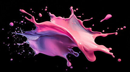 Poster - A beautiful composition of paint splashing in mid-air, with pink, orange, and purple blending softly against a black background, creating a vibrant scene