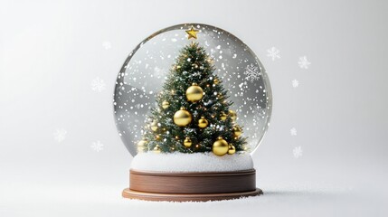 Poster - A glittering Christmas tree adorned with golden ornaments and twinkling lights inside a transparent snow globe resting on a wooden base surrounded by falling snowflakes