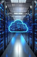 Aufkleber - Explore the futuristic world of cloud computing, where advanced data centers host vast amounts of digital information, symbolized by a vibrant cloud graphic amidst server racks.