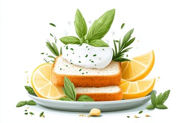 Poster - A bright and playful depiction of a slice of zucchini bread on a plate, drawn with soft lines and vibrant colors against a white background
