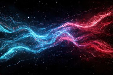 Poster - Captivating cosmic waves intertwine in vibrant colors, showcasing a stunning display of blue and red against a dark backdrop sprinkled with stars, evoking a sense of deep space wonder.