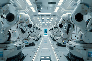 Fototapete - Advanced robotics assembly line in high-tech factory