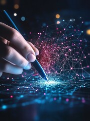 Poster - A hand writes with a pen, sparking a vibrant network of digital connections, symbolizing innovation, creativity, and the limitless potential of technology in the modern world.