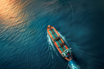 Aufkleber - Aerial view of cargo ship sailing at sunset