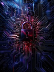 Poster - A visually stunning representation of cybersecurity, featuring a padlock amidst intricate digital circuitry.