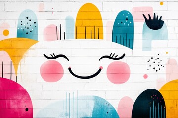 Poster - A clean and simple depiction of a happy face made with abstract shapes in bright, cheerful colors on a plain canvas