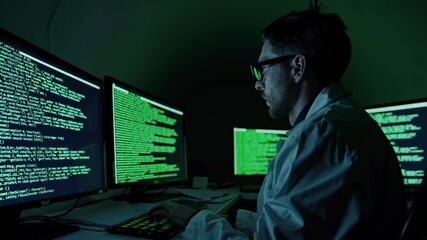 Leinwandbilder - Expert programmer analyzes code in dimly lit workspace with multiple monitors displaying data